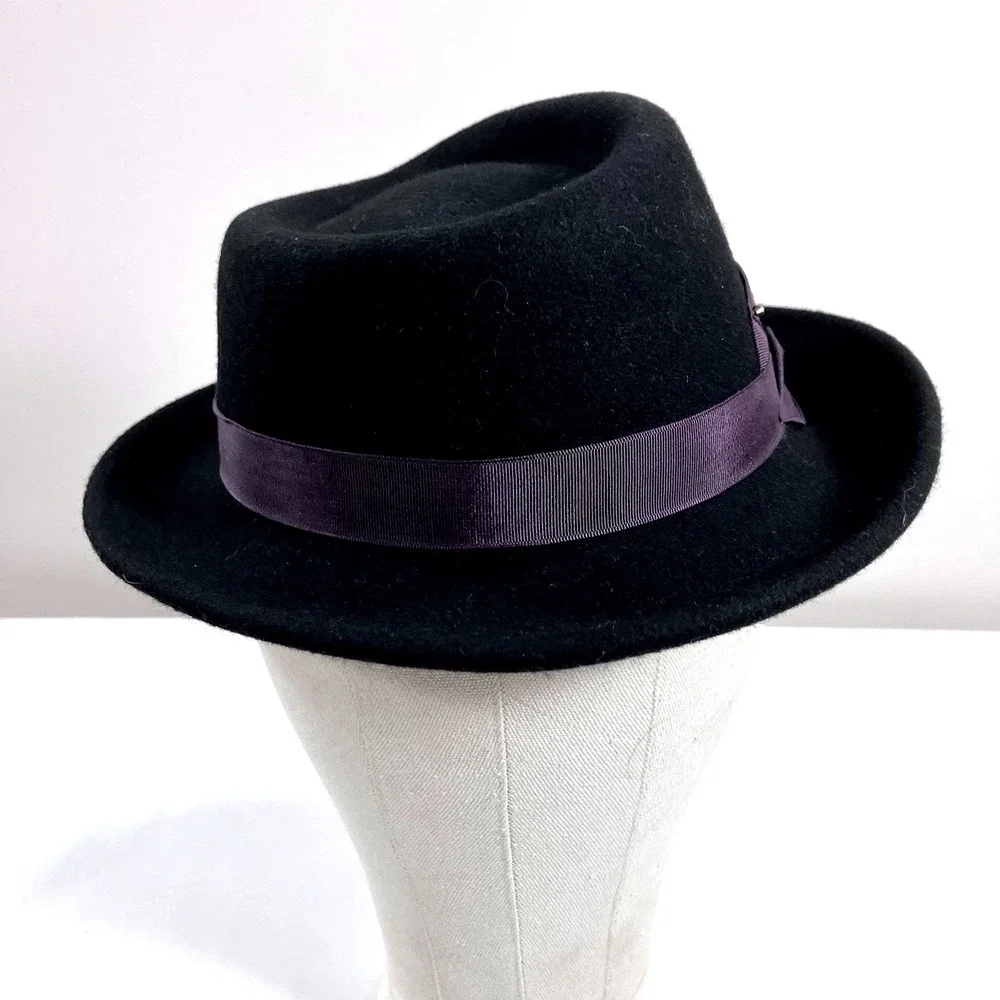 Grace Hats Fedora Black Wool‎ Felt Purple Grosgrain Ribbon Bow Accent Hat